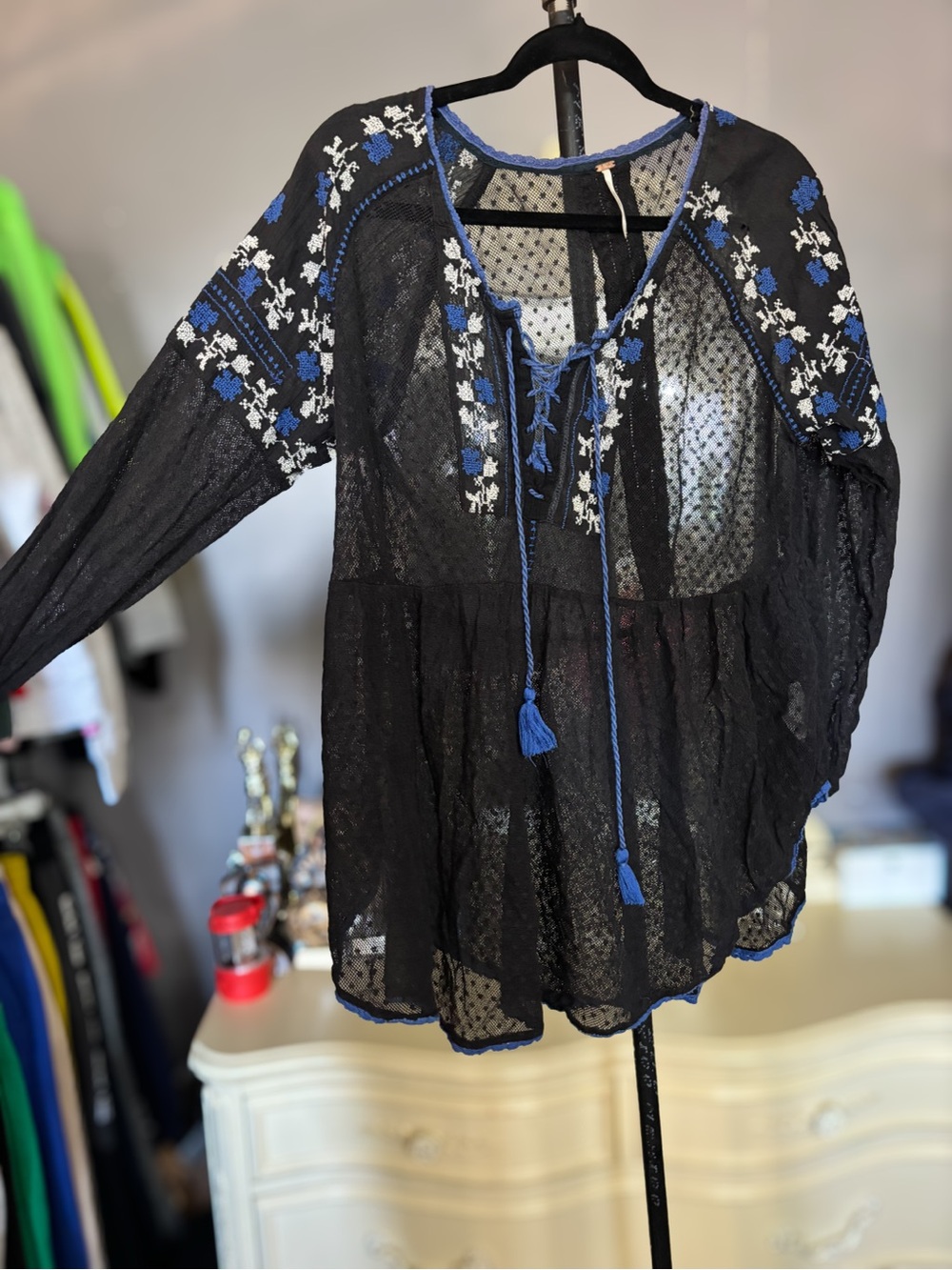 Free People Black Sheer Peasant Top with Blue & White Embroidery